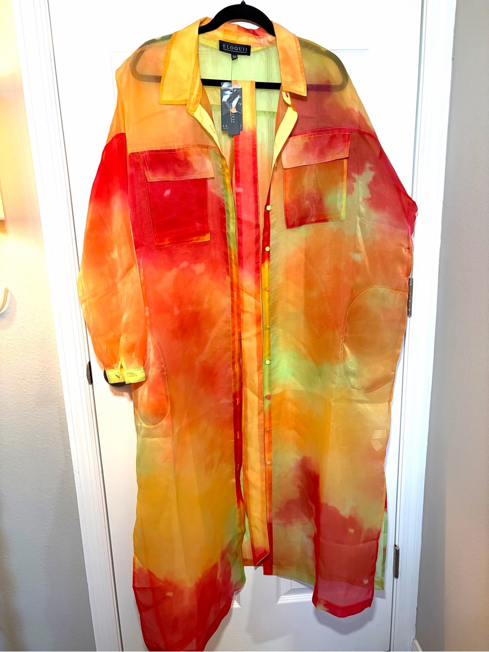 Eloquii Sheer Ombre Shirt Dress in Red, Orange, Yellow, 18/20, NWT